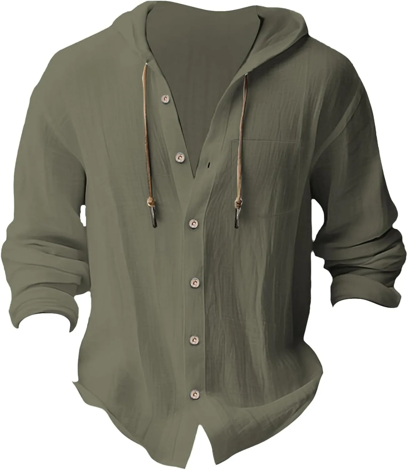 Cotton Linen Shirts for Men Drawstring Button Long Sleeve Tops with Hood Casual Breathable Summer Beach Hoodie