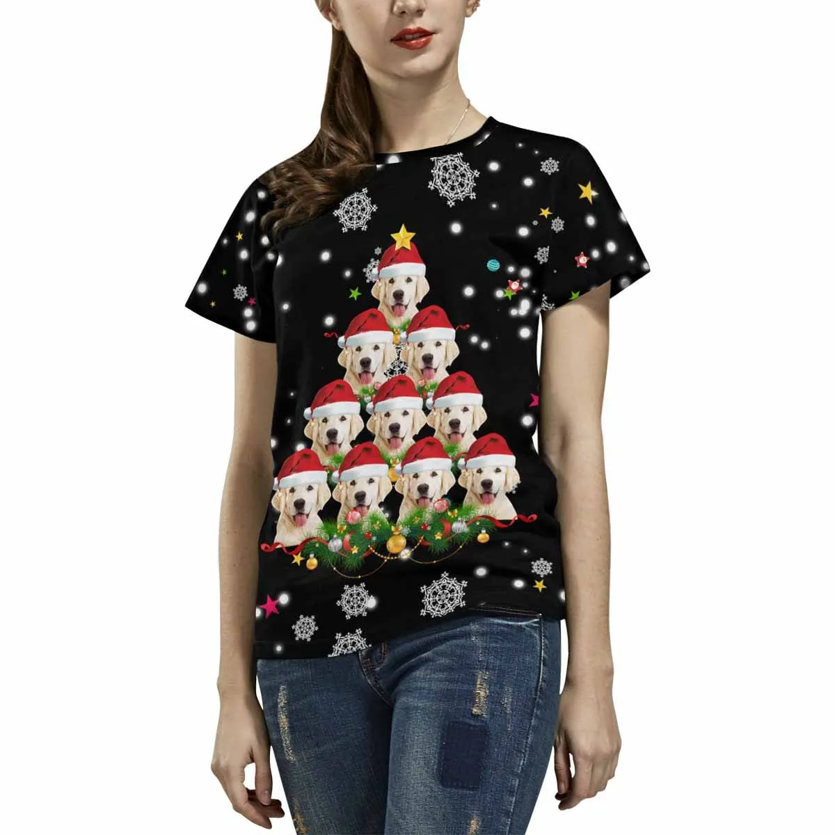 Custom Pet Face Snowflake Christmas Dog Tree Black Family Matching All Over Print T-shirt