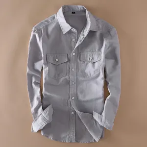 Grey Cotton Linen Double Pocket Men's Shirt
