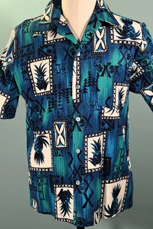 SOLD Hukilau Vintage 60s Hawaiian Shirt, Barkcloth Pineapple Tiki Shirt