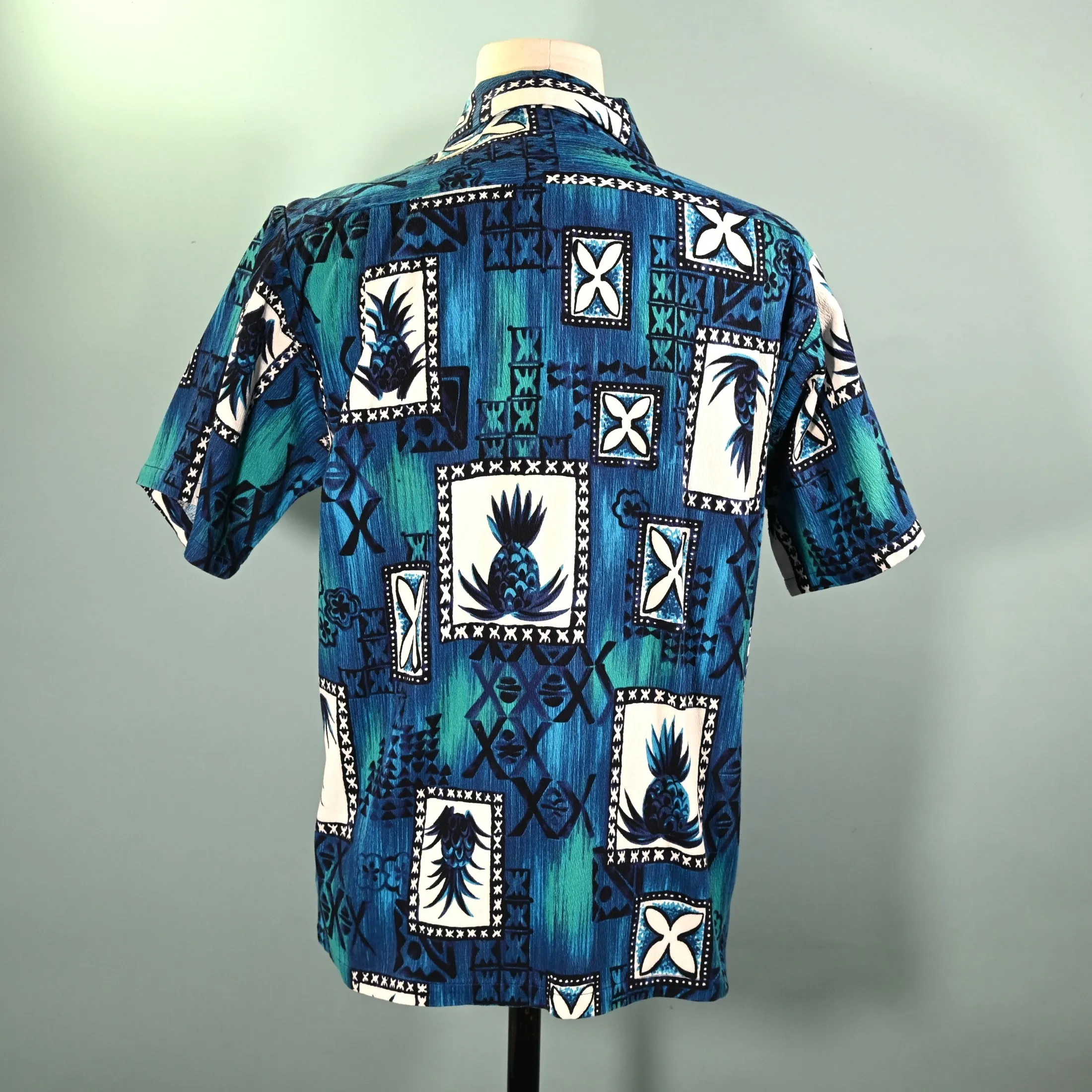 SOLD Hukilau Vintage 60s Hawaiian Shirt, Barkcloth Pineapple Tiki Shirt
