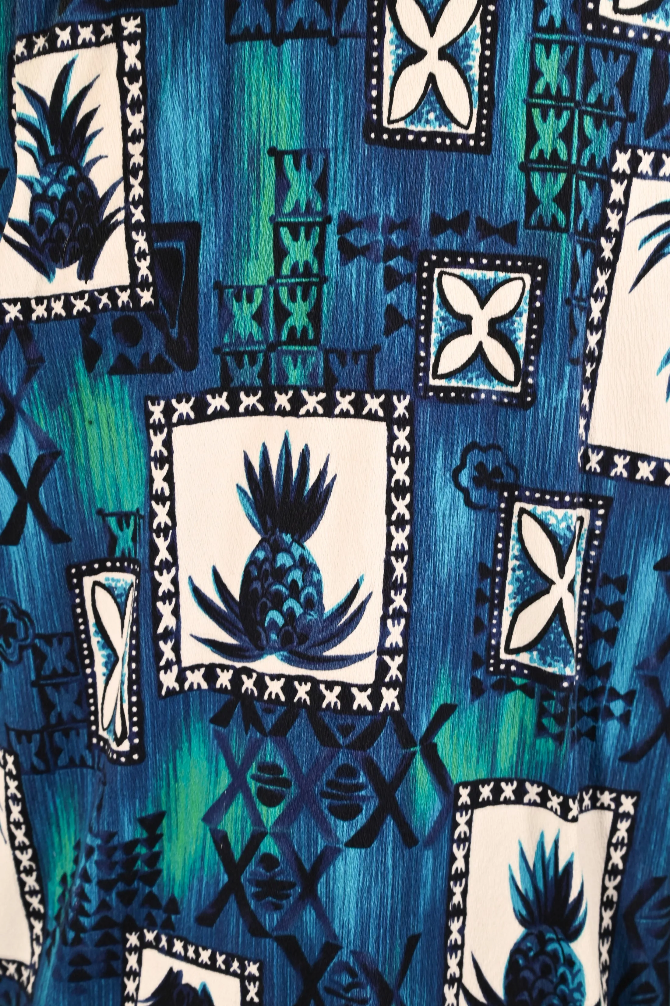 SOLD Hukilau Vintage 60s Hawaiian Shirt, Barkcloth Pineapple Tiki Shirt
